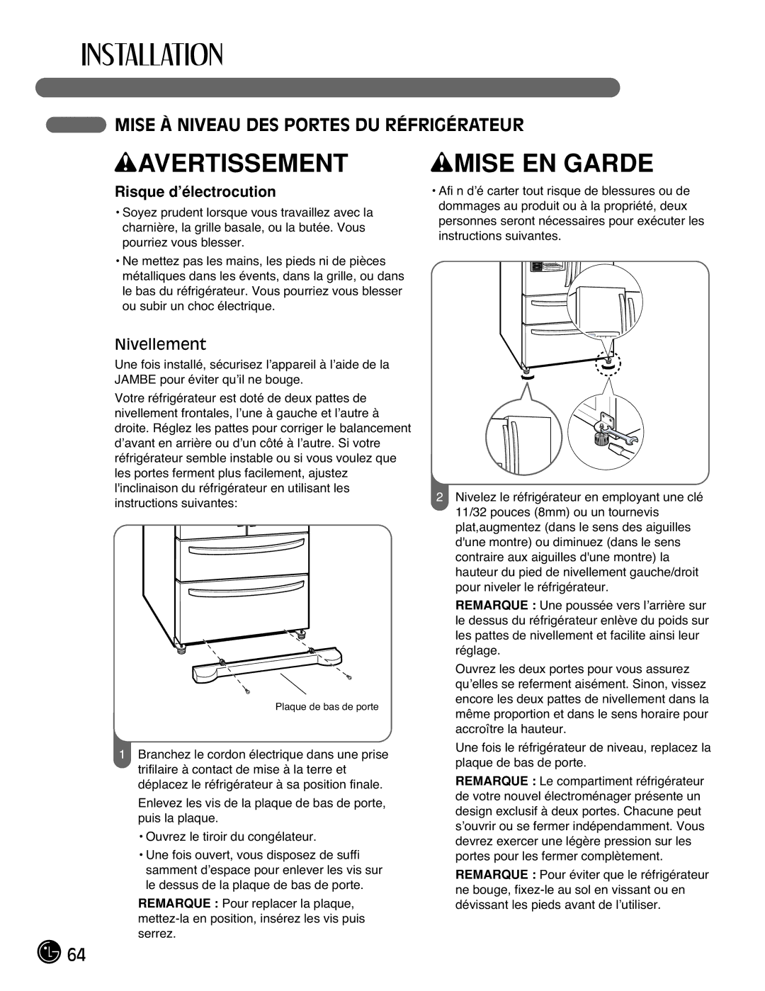 LG Electronics LMX25981**, LMX2525971, LMX21981**, LMX21971 manual Mise À Niveau DES Portes DU Réfrigérateur, Nivellement 