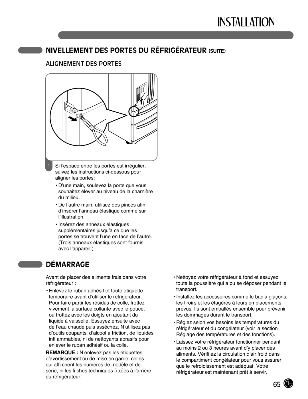 LG Electronics LMX2525971, LMX25981** manual Nivellement DES Portes DU Réfrigérateur Suite, Démarrage, Alignement DES Portes 