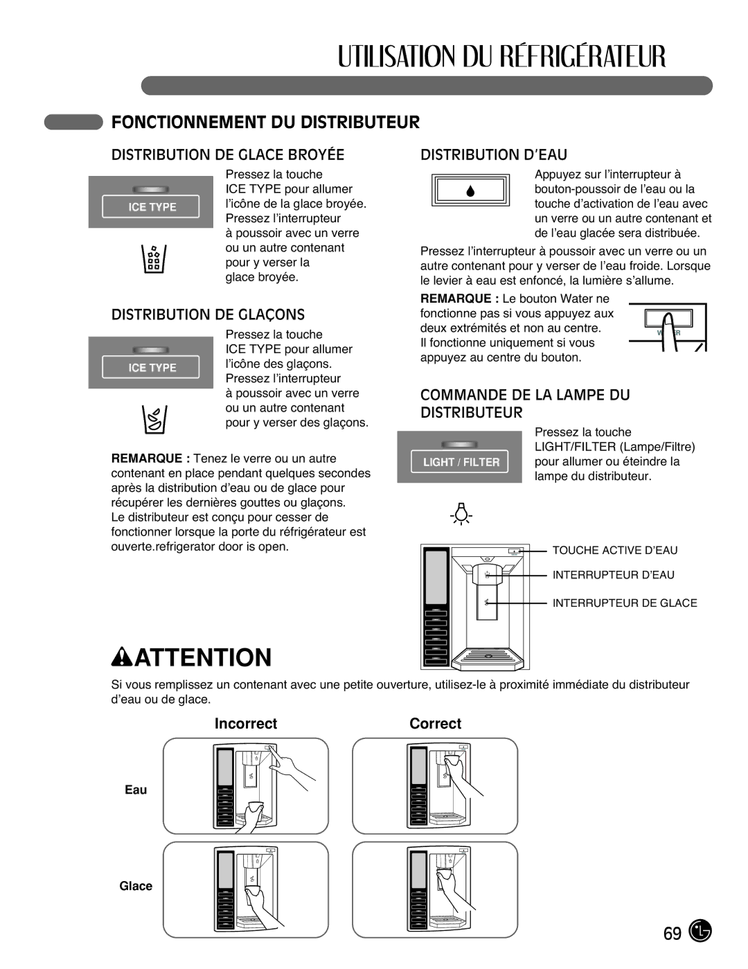 LG Electronics LMX2525971, LMX21971 Fonctionnement DU Distributeur, Distribution DE Glace Broyée, Distribution DE Glaçons 