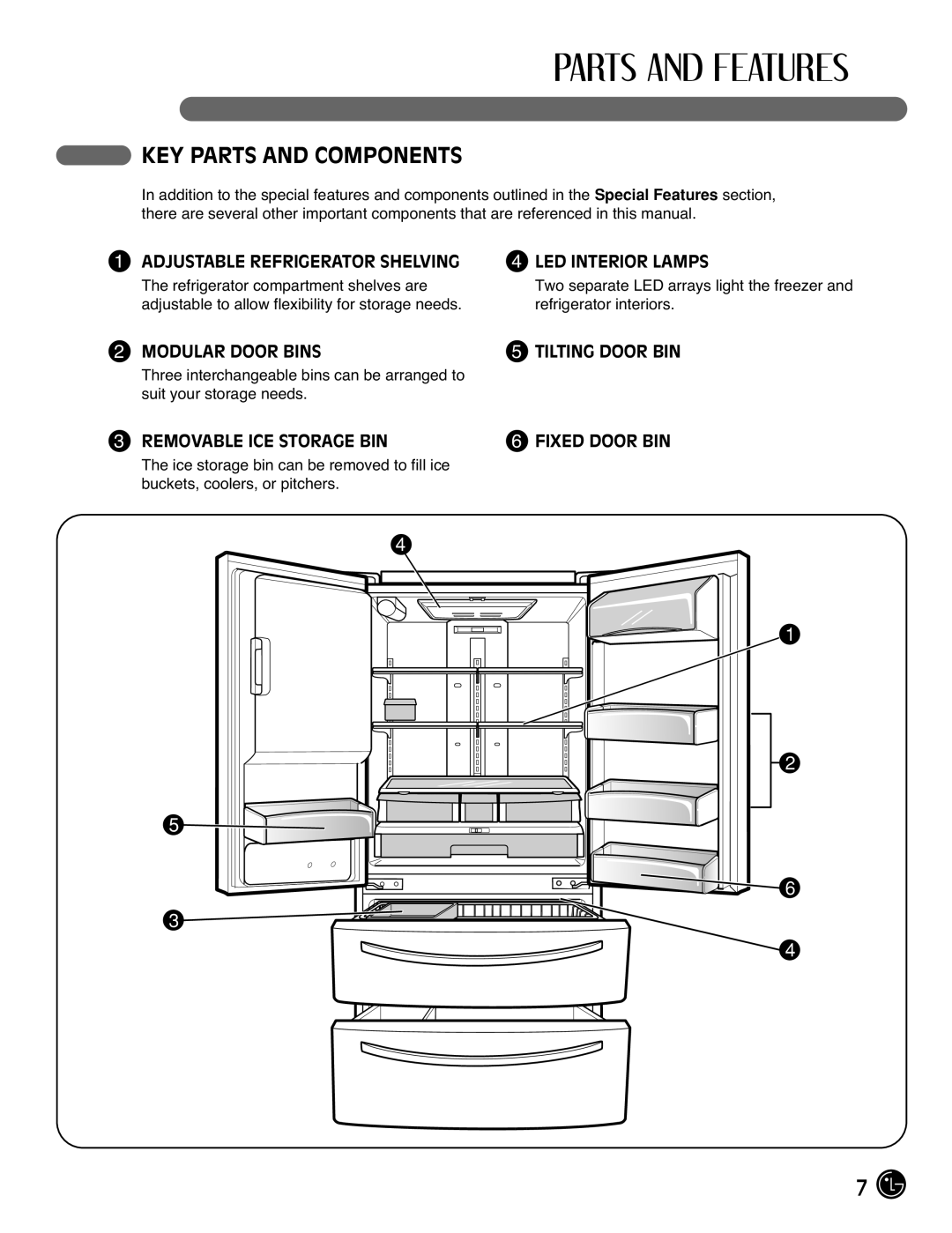 LG Electronics LMX21971, LMX25981**, LMX2525971, LMX21981** manual KEY Parts and Components, Adjustable Refrigerator Shelving 