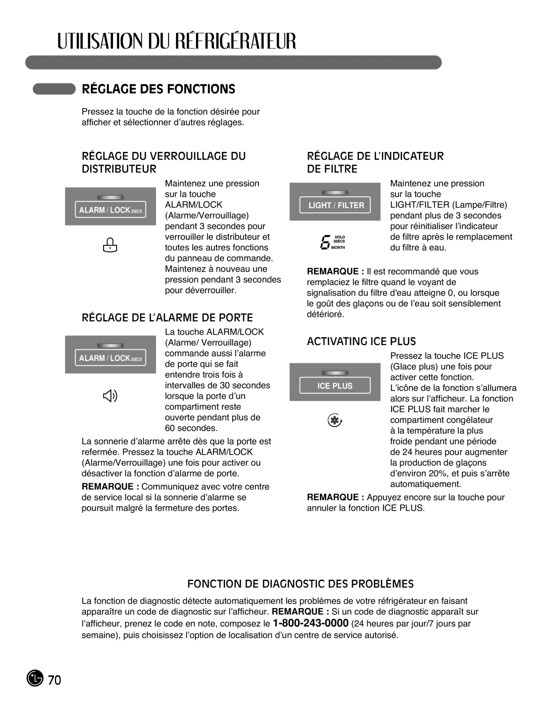 LG Electronics LMX21981** manual Réglage DES Fonctions, Réglage DE L’ALARME DE Porte, Fonction DE Diagnostic DES Problèmes 