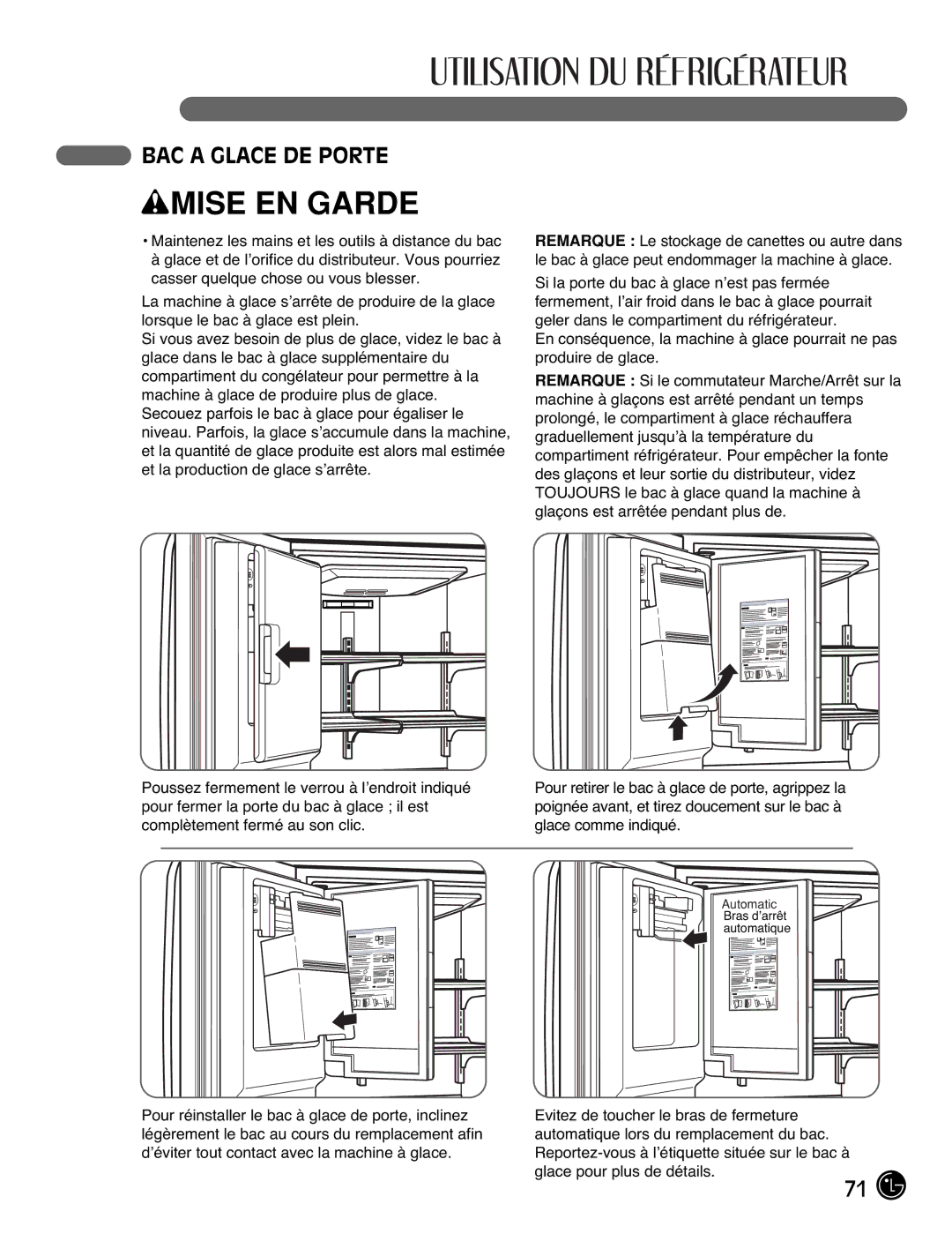 LG Electronics LMX21971, LMX25981**, LMX2525971, LMX21981** manual BAC a Glace DE Porte 