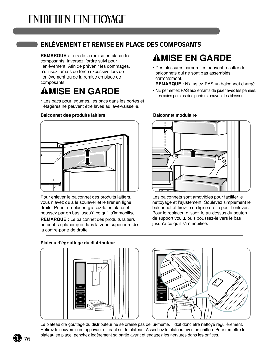 LG Electronics LMX25981**, LMX2525971 manual Enlèvement ET Remise EN Place DES Composants, Balconnet des produits laitiers 