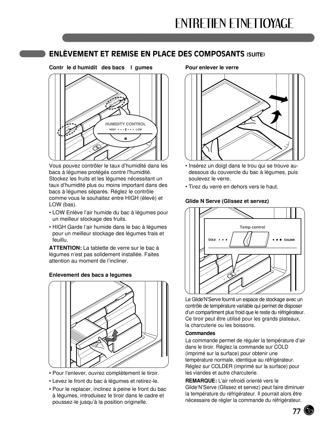 LG Electronics LMX2525971 manual Enlèvement ET Remise EN Place DES Composants Suite, Contrôle d’humidité des bacs à légumes 