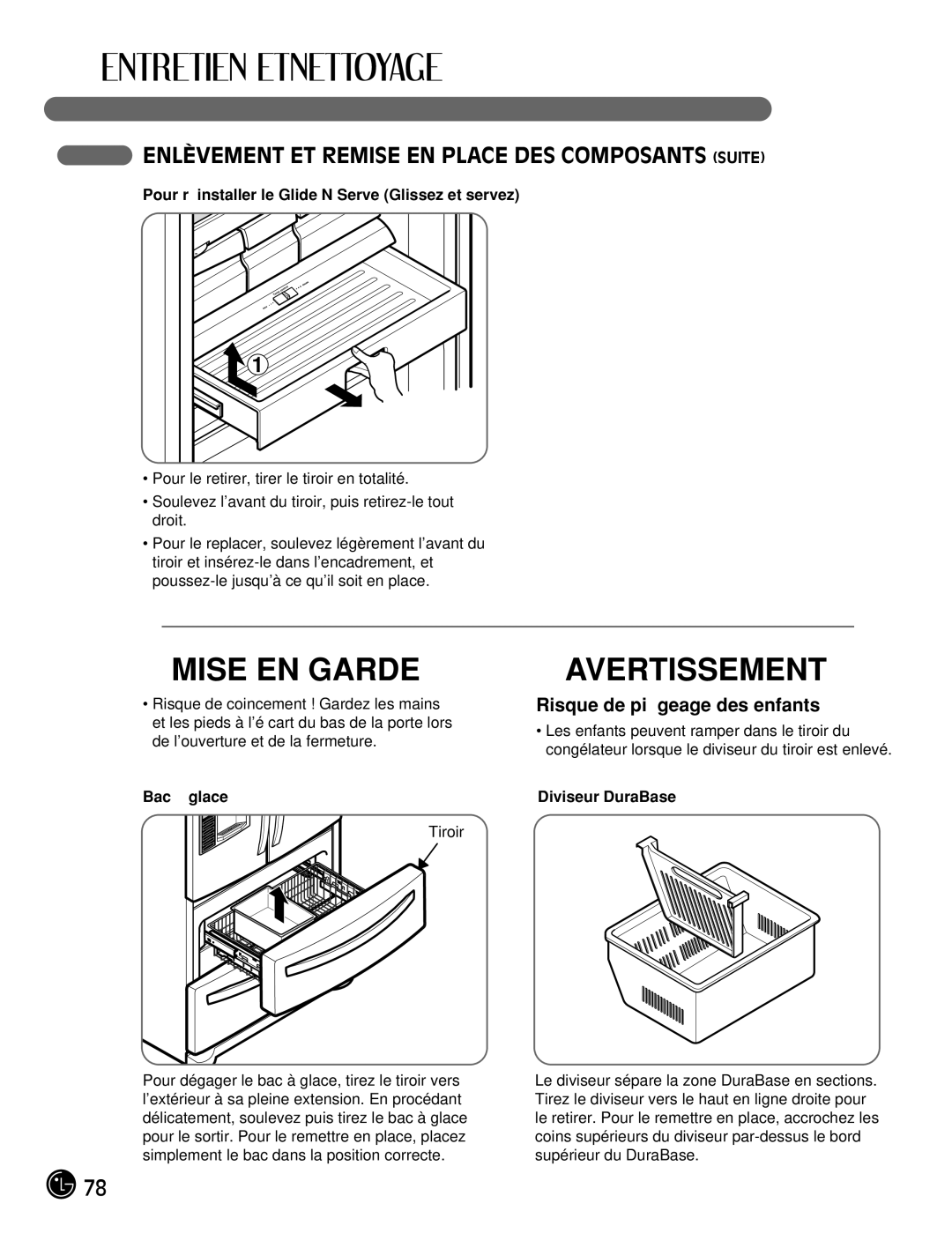 LG Electronics LMX21981**, LMX25981** Pour réinstaller le Glide‘N’Serve Glissez et servez, Bac à glace, Diviseur DuraBase 