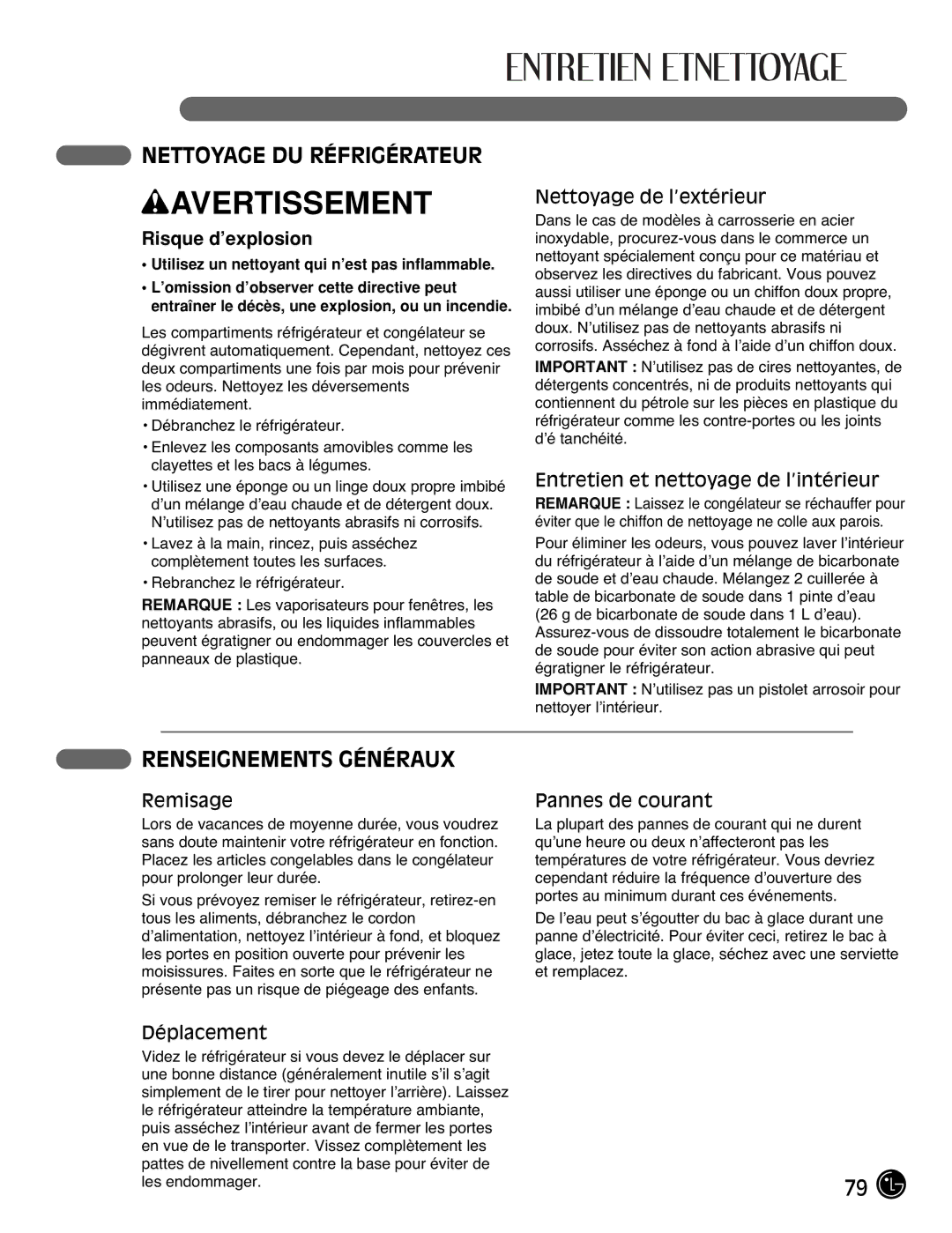 LG Electronics LMX21971, LMX25981**, LMX2525971 Nettoyage DU Réfrigérateur, Renseignements Généraux, Risque d’explosion 