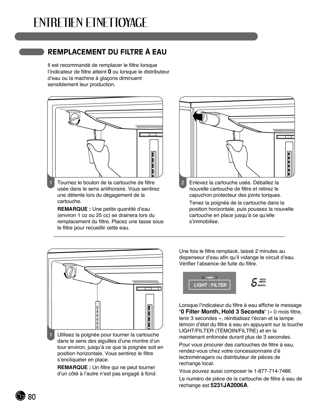 LG Electronics LMX25981**, LMX2525971, LMX21981**, LMX21971 manual Remplacement DU Filtre À EAU 