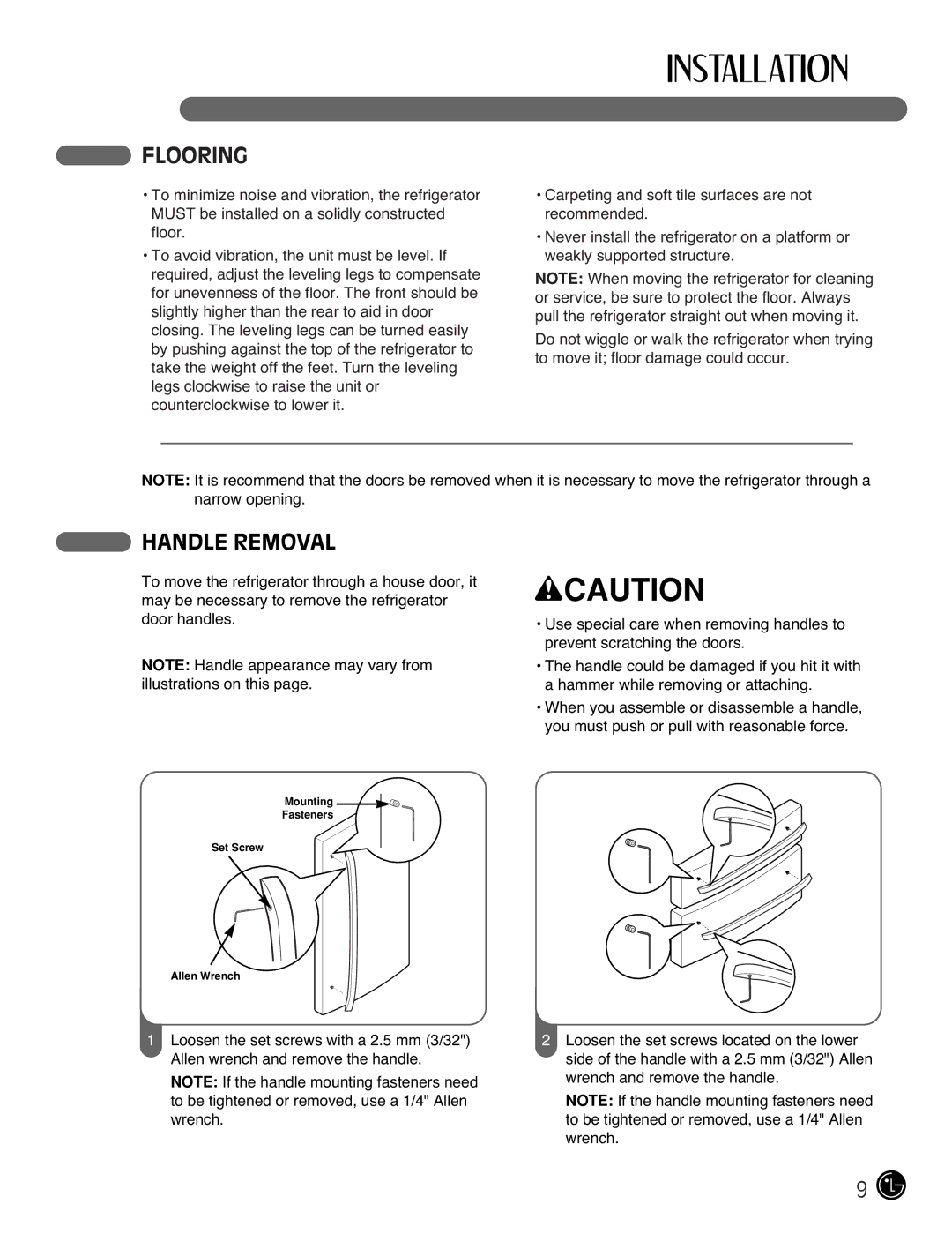 LG Electronics LMX2525971, LMX25981**, LMX21981**, LMX21971 manual Flooring, Handle Removal 