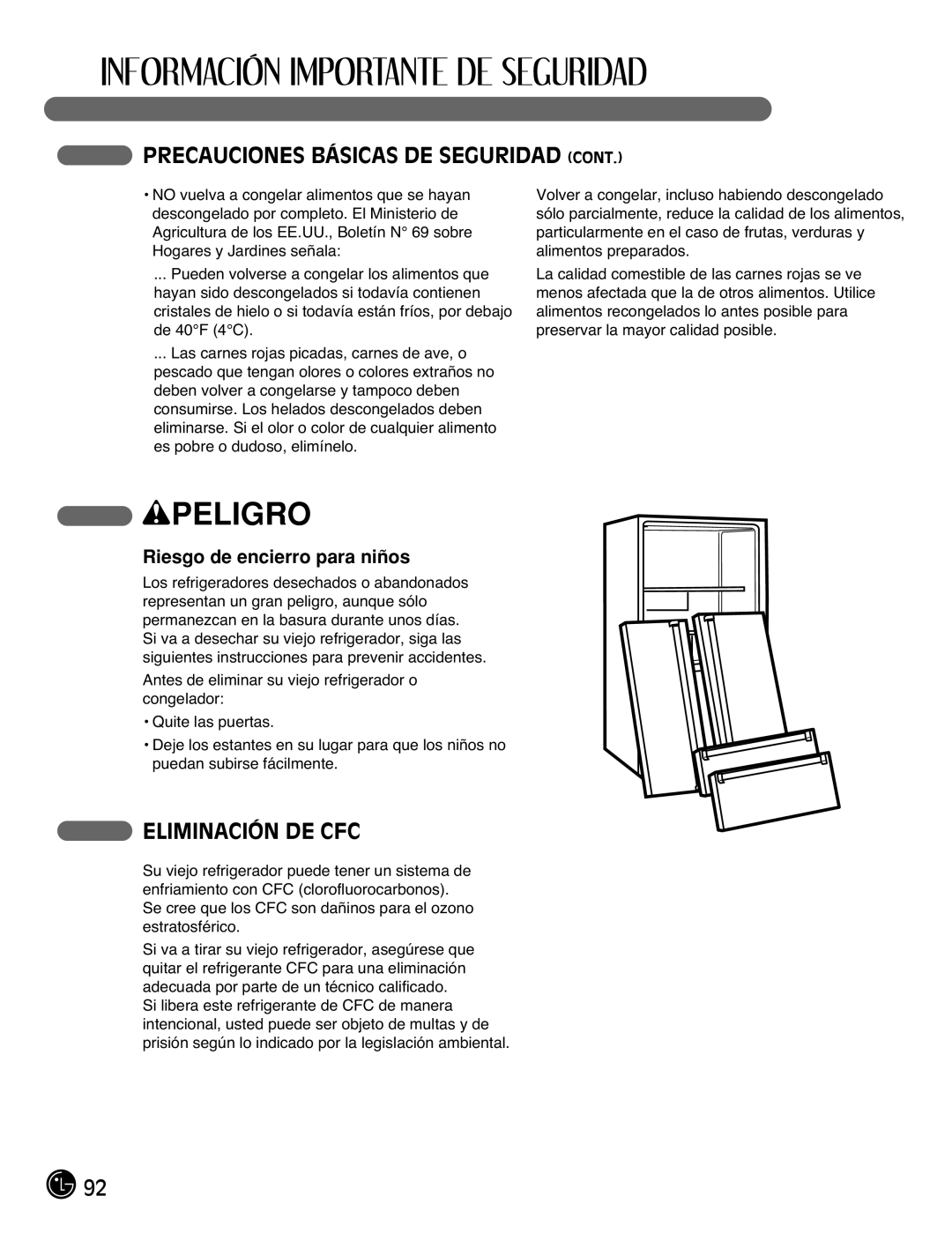 LG Electronics LMX25981**, LMX2525971, LMX21981**, LMX21971 manual Eliminación DE CFC, Riesgo de encierro para niños 