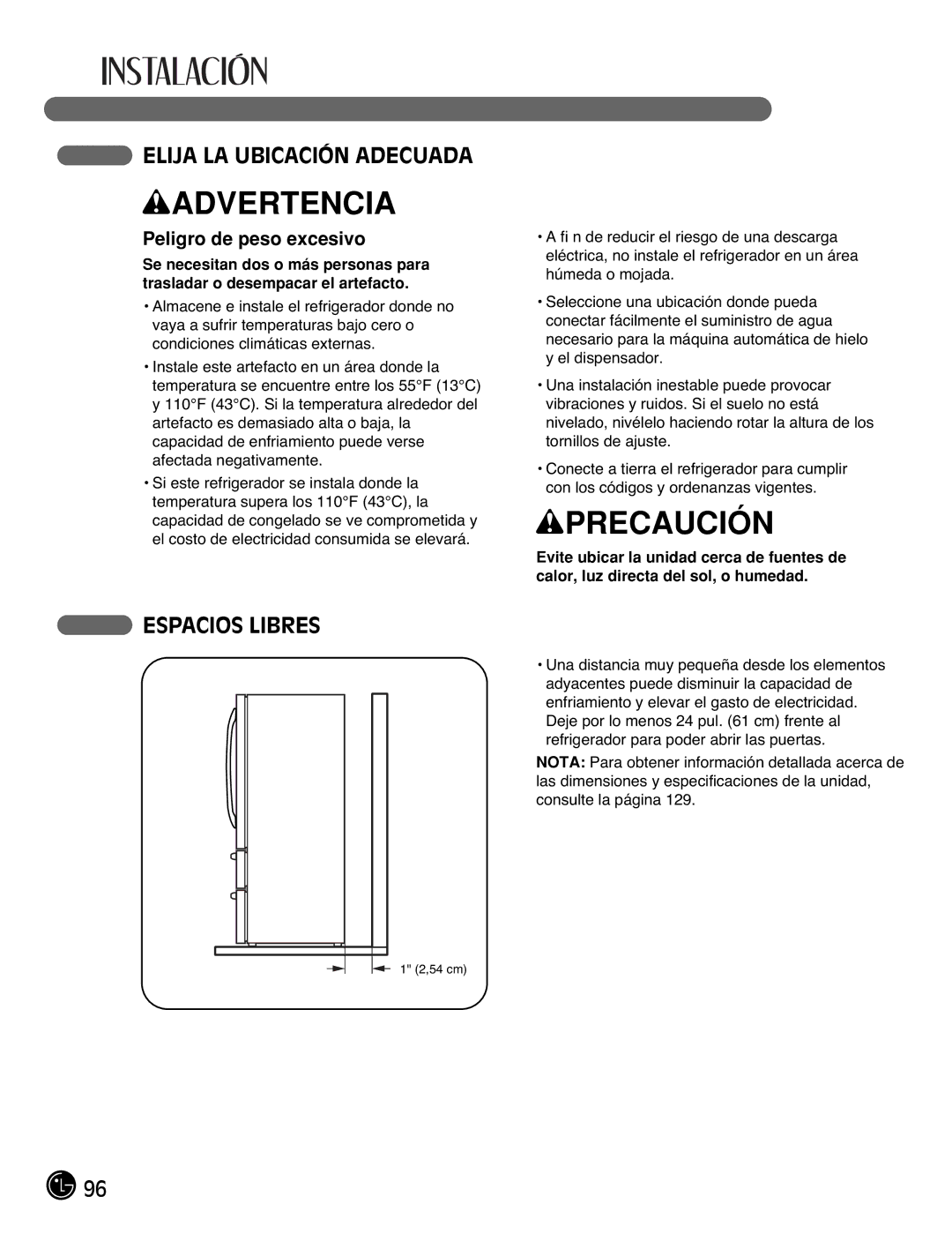 LG Electronics LMX25981**, LMX2525971, LMX21981** Elija LA Ubicación Adecuada, Espacios Libres, Peligro de peso excesivo 