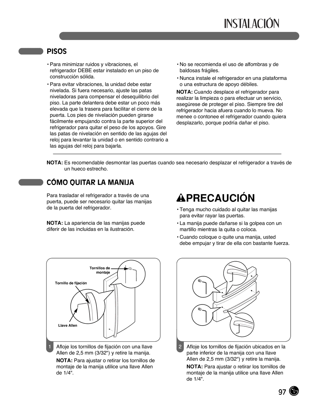 LG Electronics LMX2525971, LMX25981**, LMX21981**, LMX21971 manual Pisos, Cómo Quitar LA Manija 