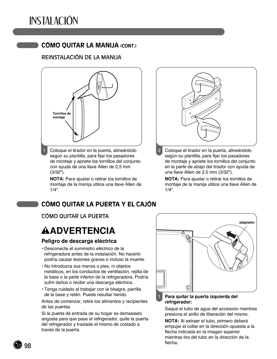 LG Electronics LMX21981**, LMX25981**, LMX2525971, LMX21971 Cómo Quitar LA Puerta Y EL Cajón, Reinstalación DE LA Manija 