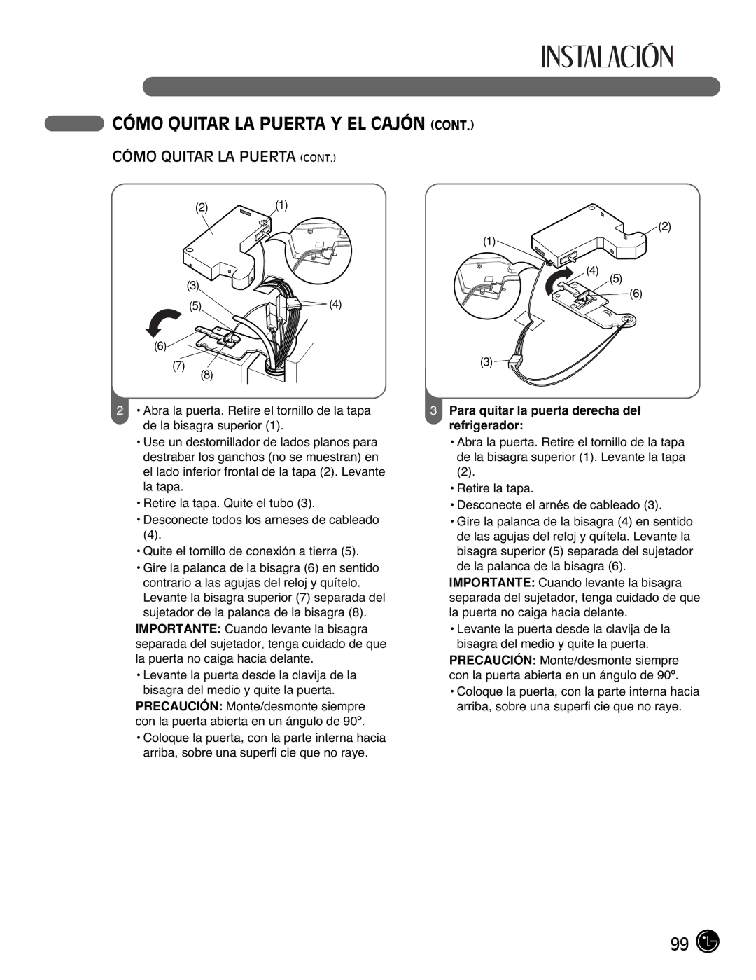 LG Electronics LMX21971, LMX25981**, LMX2525971, LMX21981** manual Para quitar la puerta derecha del refrigerador 