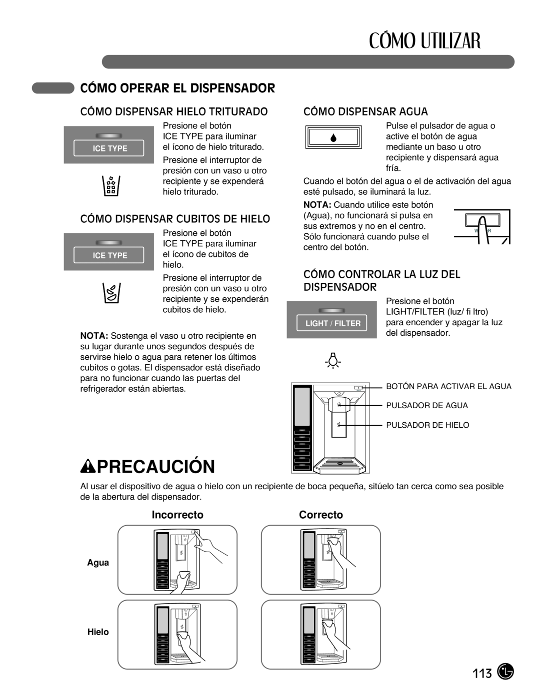 LG Electronics LMX2525971 Cómo Operar El Dispensador, Cómo Dispensar Hielo Triturado, Cómo Dispensar Cubitos De Hielo 