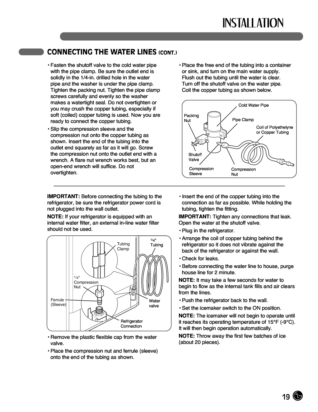 LG Electronics LMX21971, LMX25981**, LMX2525971, LMX21981** manual Connecting The Water Lines Cont 