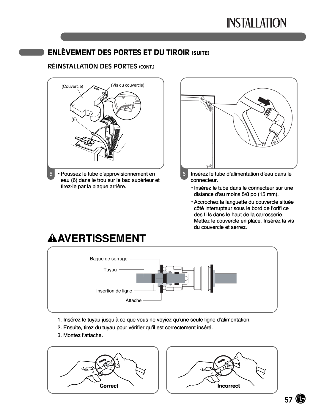 LG Electronics LMX2525971 manual Réinstallation Des Portes Cont, wAVERTISSEMENT, Enlèvement Des Portes Et Du Tiroir Suite 