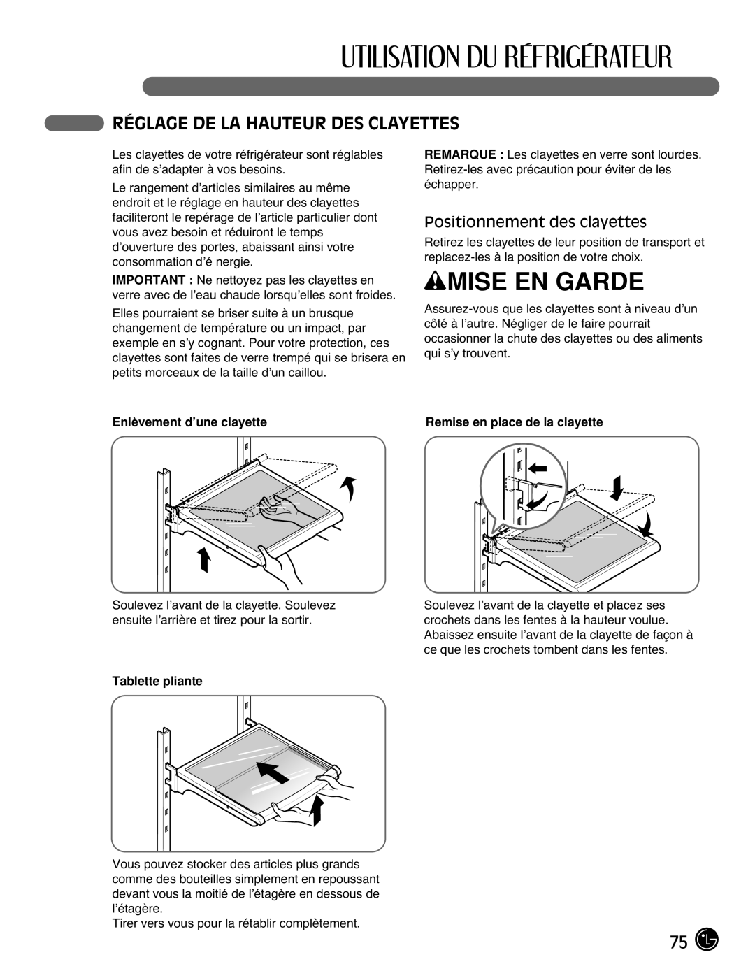 LG Electronics LMX21971, LMX25981** manual Réglage De La Hauteur Des Clayettes, Positionnement des clayettes, wMISE EN GARDE 