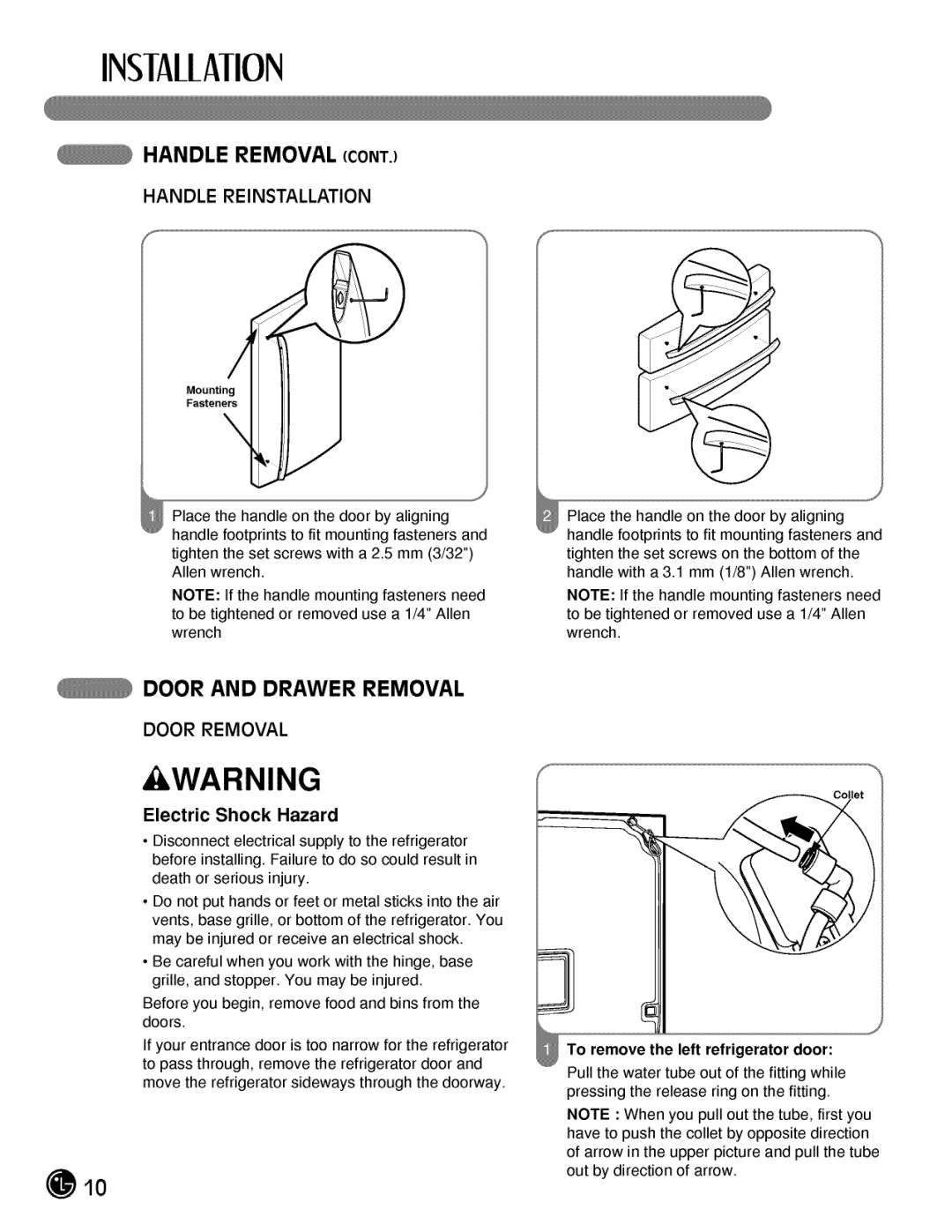 LG Electronics LMX25984, LMX21984 manual Door and Drawer Removal, Handle Reinstallation, Door Removal, Electric Shock Hard 