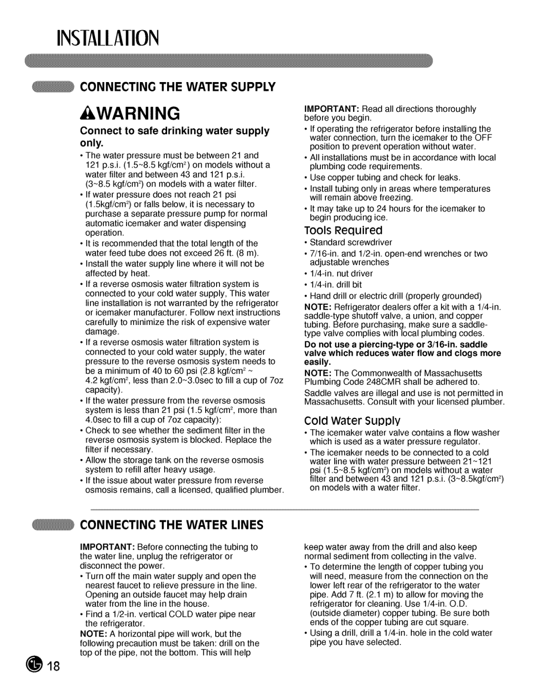 LG Electronics LMX25984, LMX21984 manual Connecting the Water Supply, Connecting the Water Lines 