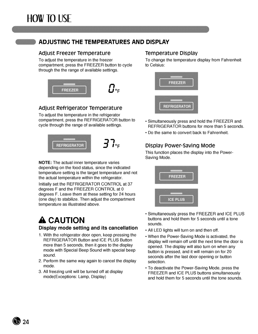 LG Electronics LMX25984, LMX21984 Adjusting the Temperatures and Display, Adjust Freezer Temperature, Temperature Display 