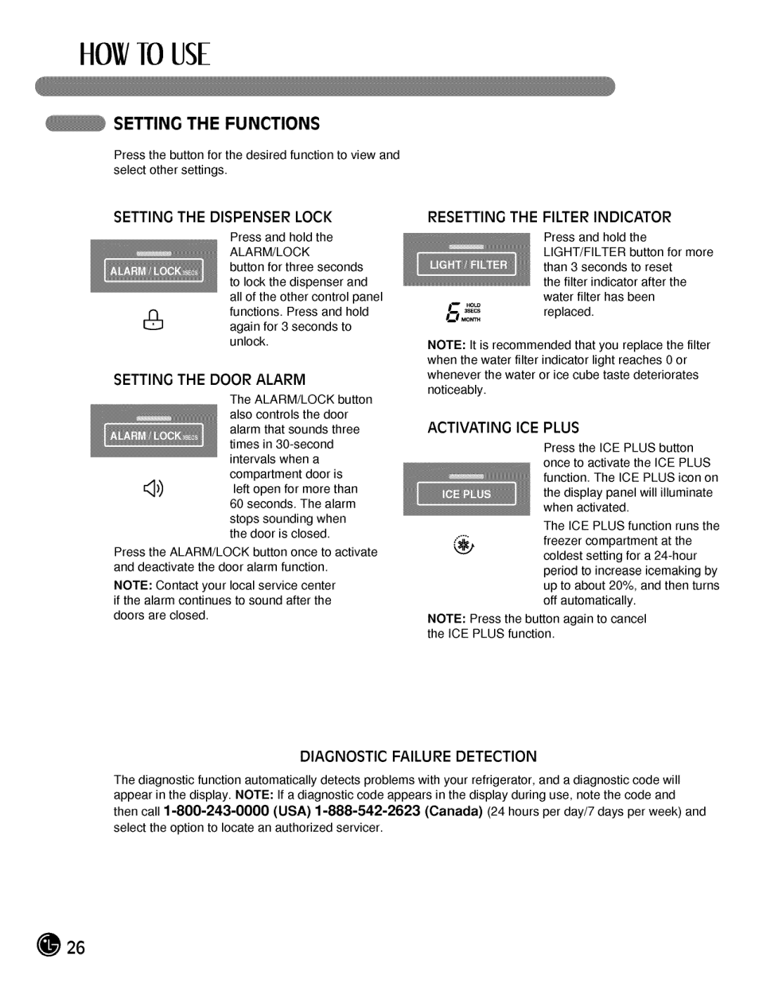 LG Electronics LMX25984, LMX21984 Setting the Functions, Reseing the Filter Indicator, Activating ICE Plus, Alarmjlock 