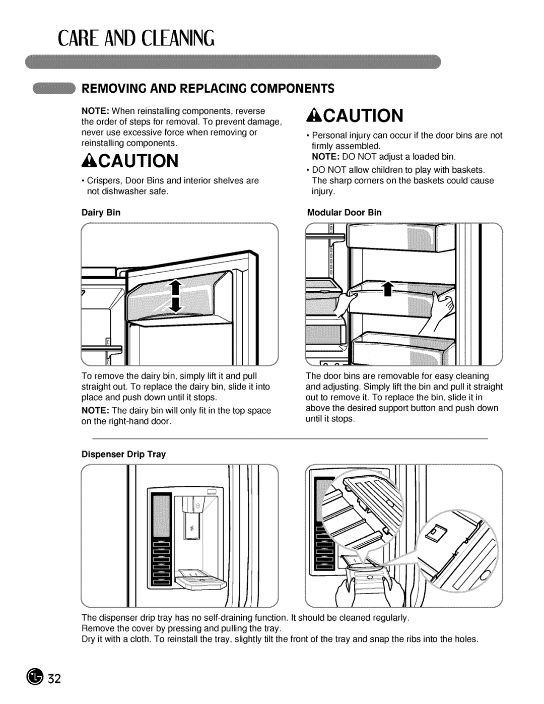 LG Electronics LMX25984, LMX21984 manual Removing and Replacing Components, Dairy Bin, Modular Door Bin, Disnr Drip Tray 