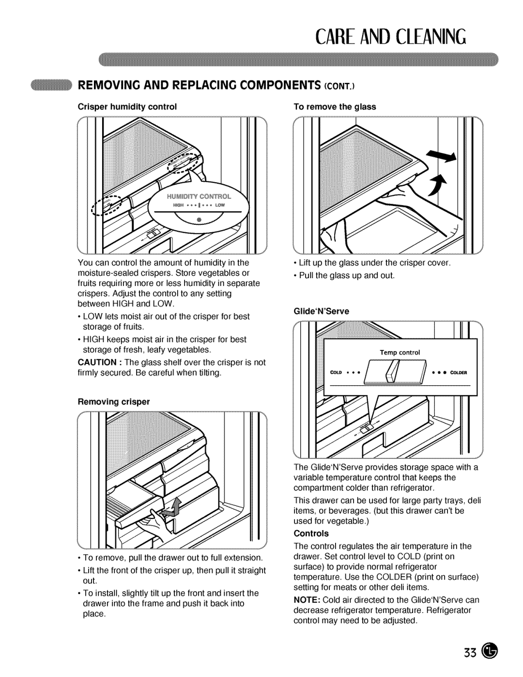 LG Electronics LMX21984, LMX25984 manual Crisper humidity control To remove the glass, Removing crisper, GlideNServe 