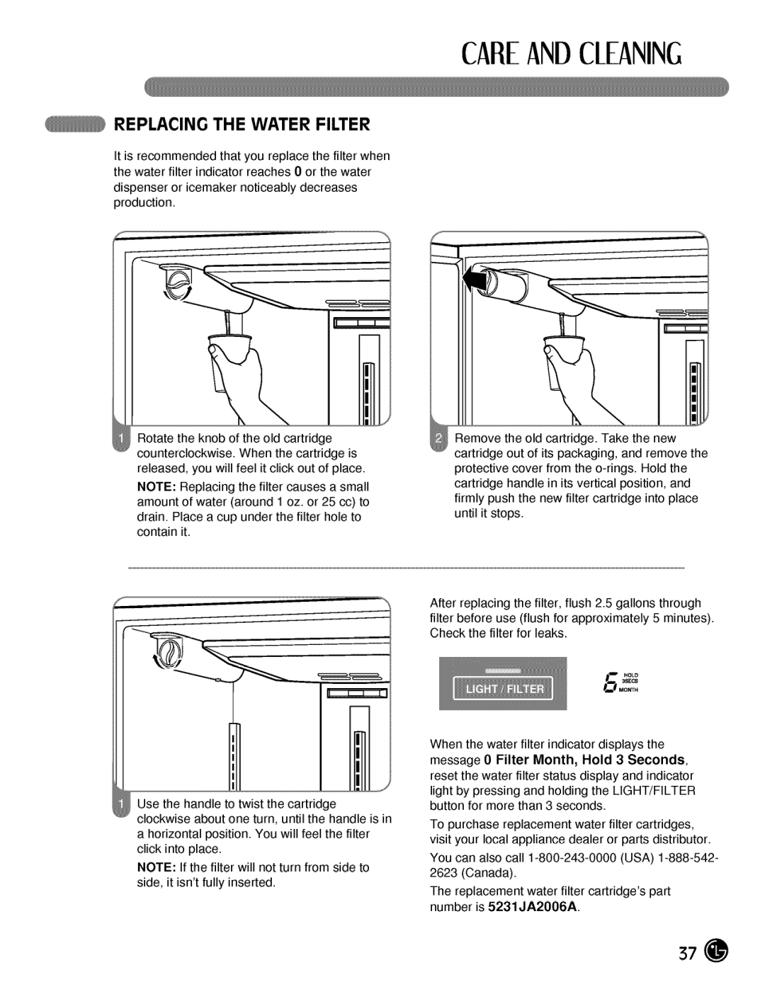 LG Electronics LMX21984, LMX25984 manual Replacing the Water Filter 