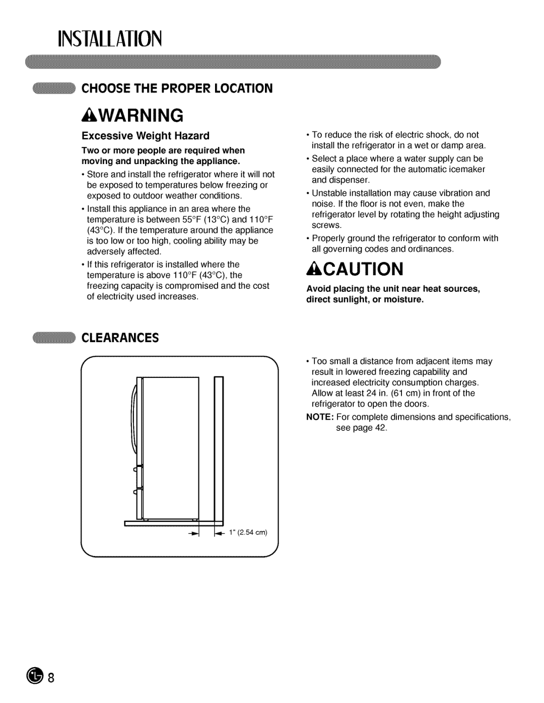 LG Electronics LMX25984, LMX21984 manual Choose the Proper Location, Clearances, Excessive Weight Hazard 