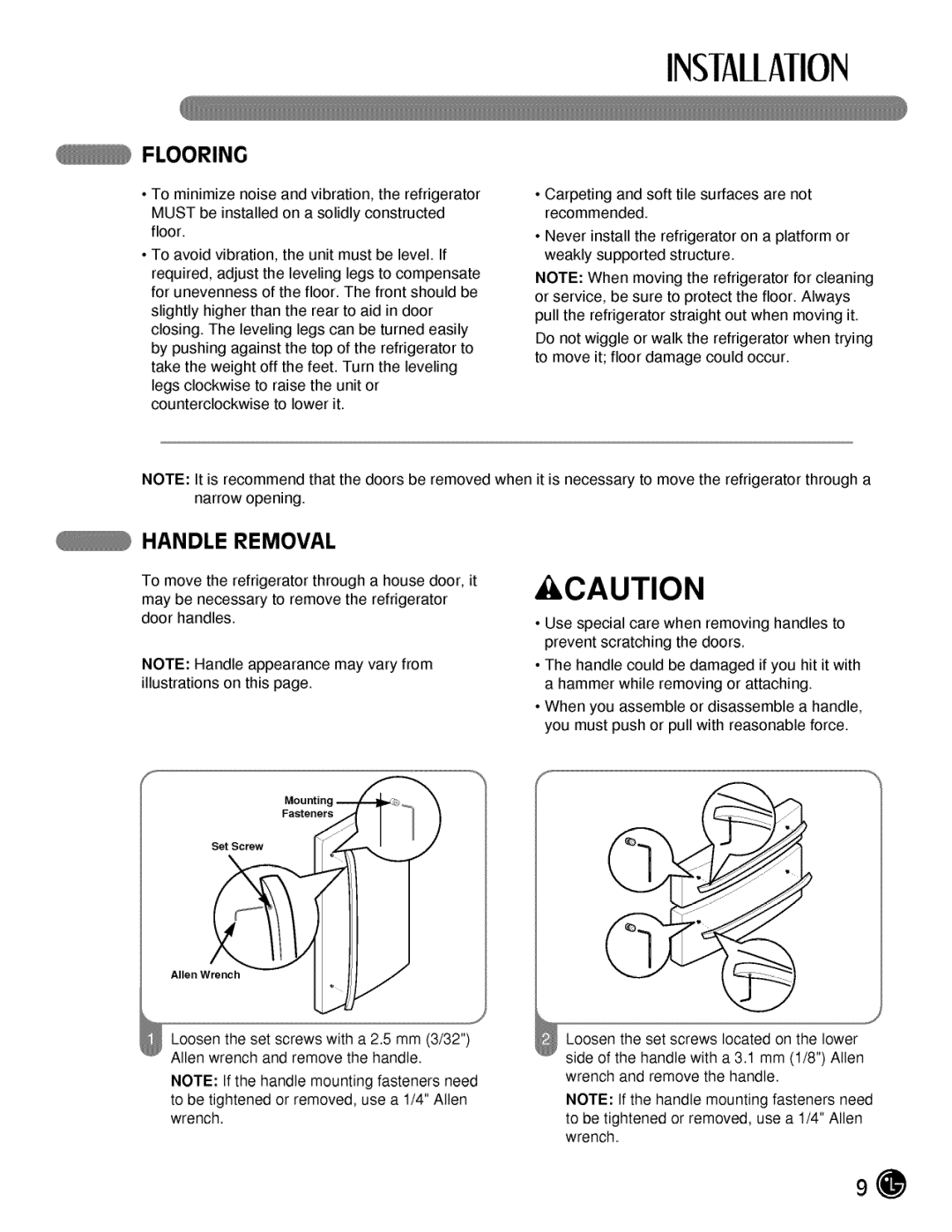 LG Electronics LMX21984, LMX25984 manual Flooring, Handle Removal 