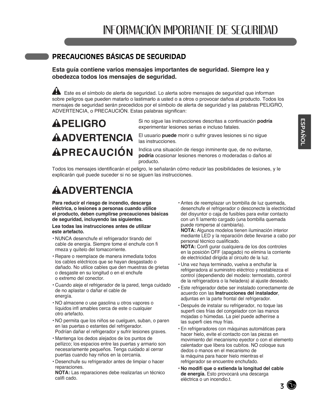 LG Electronics LMX25988ST owner manual Wpeligro Wadvertencia Wprecaución, Precauciones Básicas DE Seguridad 