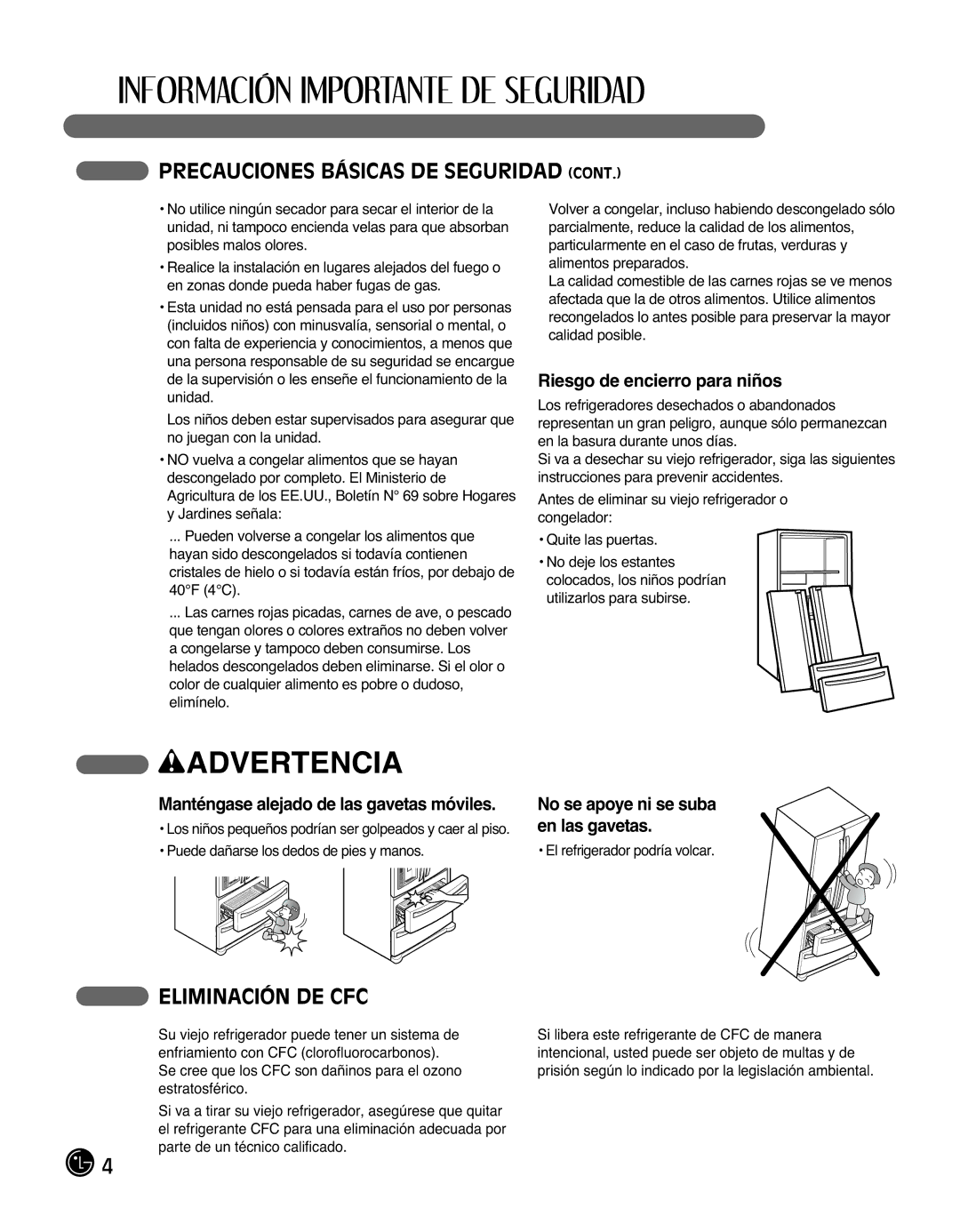 LG Electronics LMX25988ST Eliminación DE CFC, Riesgo de encierro para niños, Manténgase alejado de las gavetas móviles 