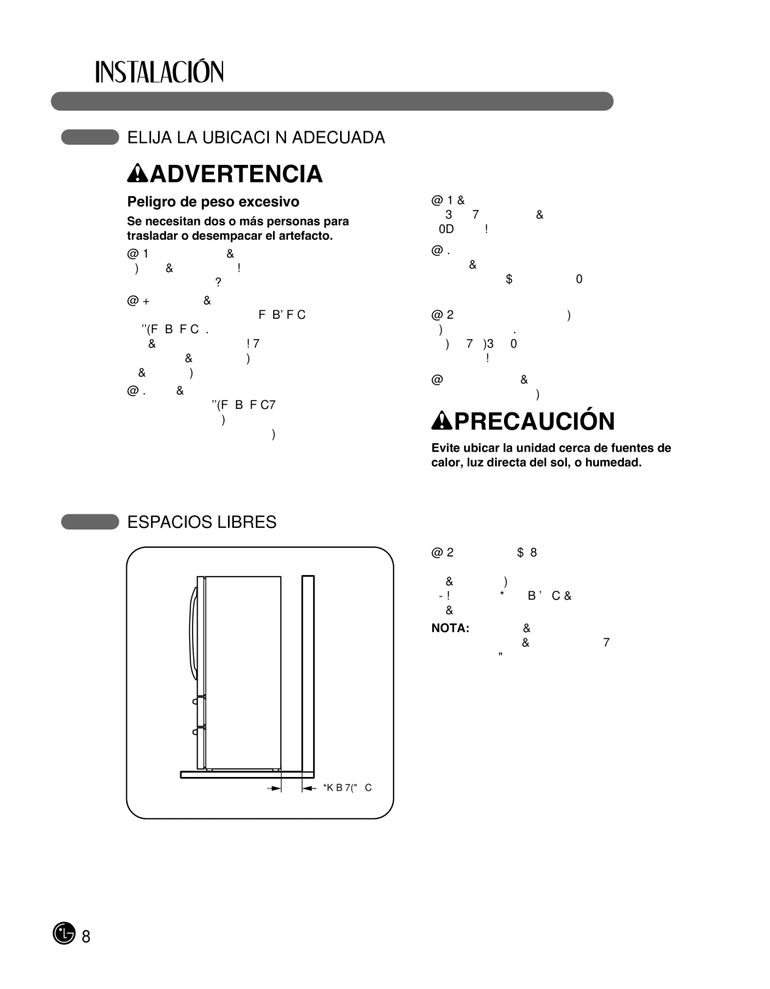 LG Electronics LMX25988ST owner manual Elija LA Ubicación Adecuada, Espacios Libres, Peligro de peso excesivo 