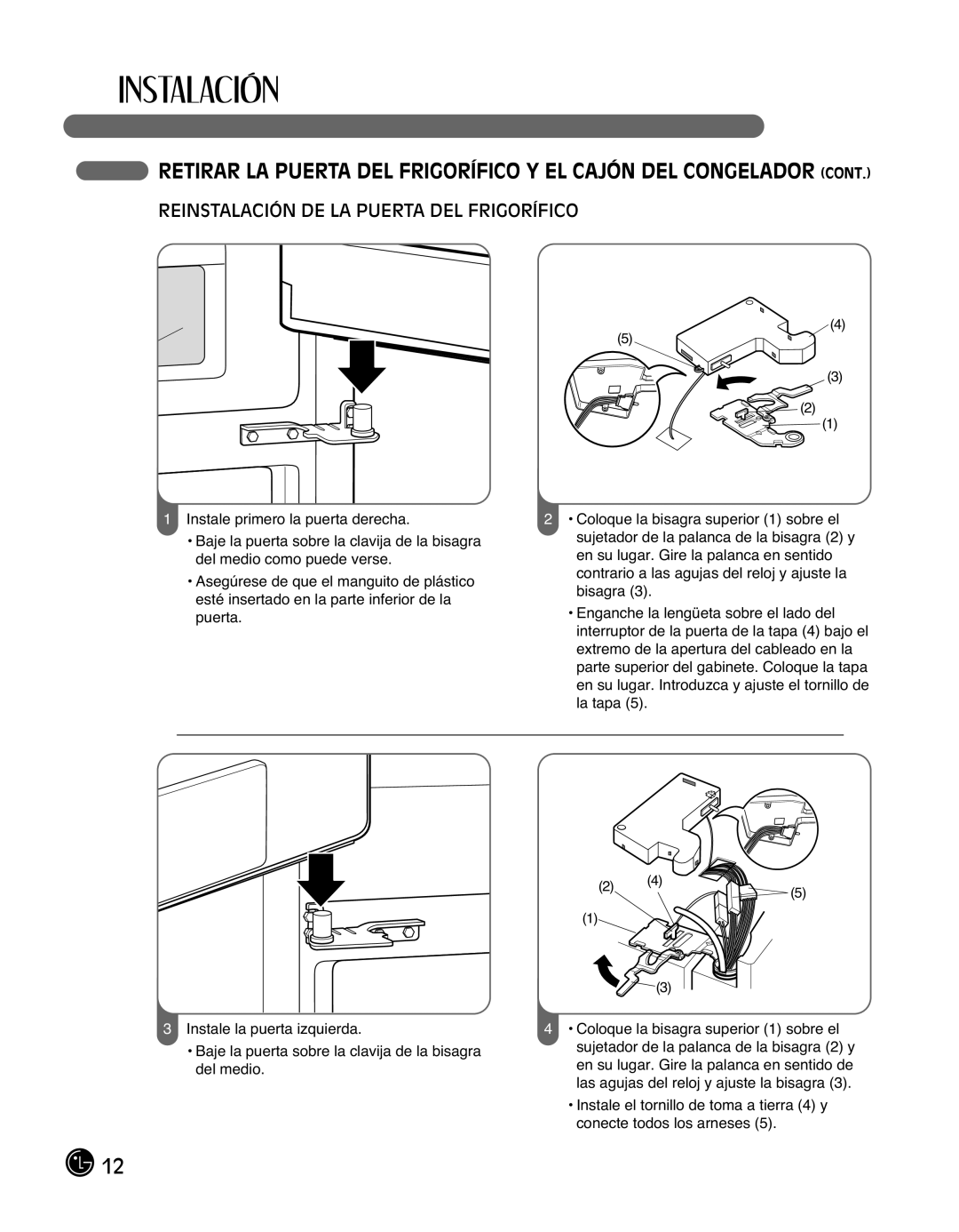 LG Electronics LMX25988ST owner manual Reinstalación DE LA Puerta DEL Frigorífico 