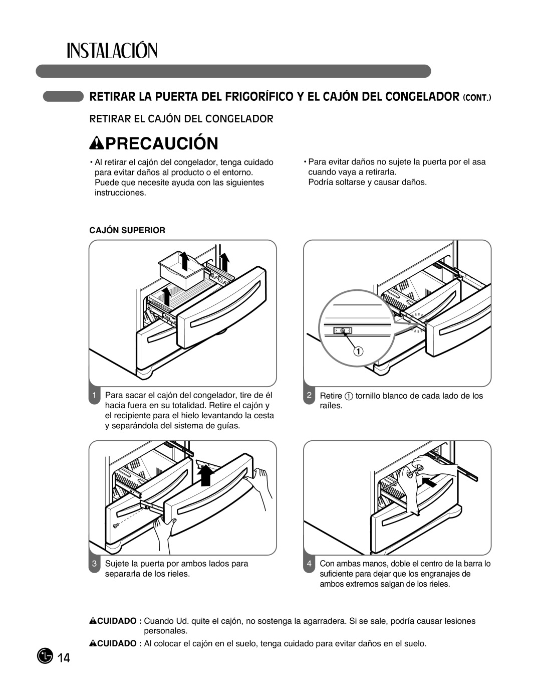 LG Electronics LMX25988ST owner manual Retirar EL Cajón DEL Congelador, Cajón Superior 