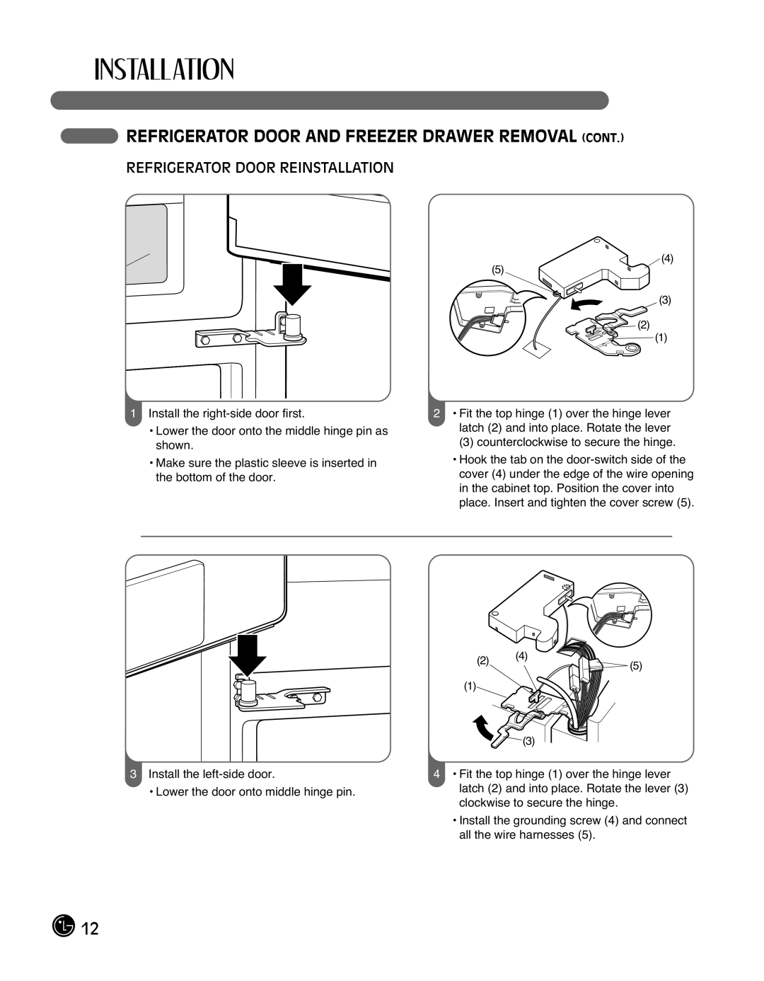 LG Electronics LMX25988ST owner manual Refrigerator Door Reinstallation 