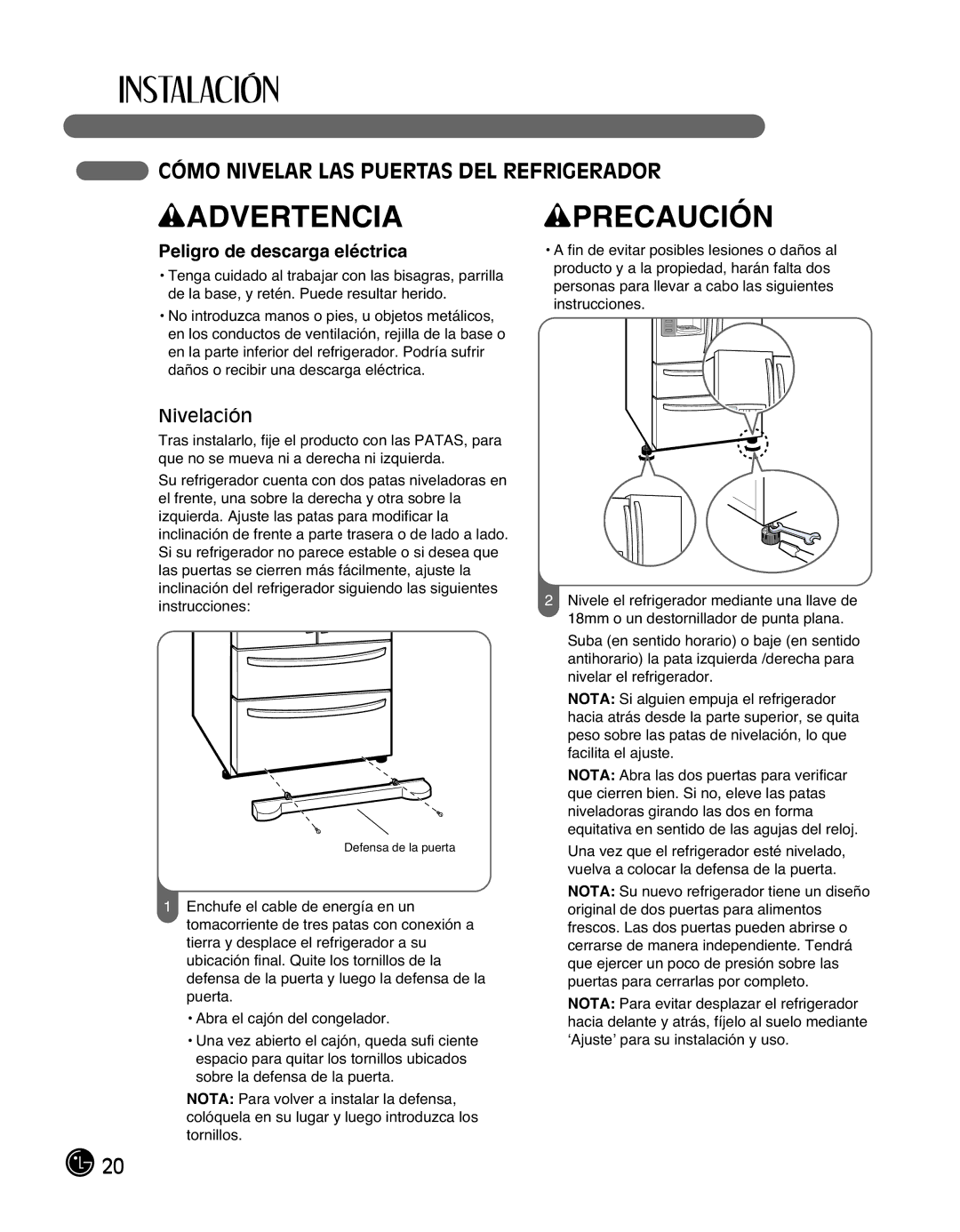 LG Electronics LMX25988ST owner manual Cómo Nivelar LAS Puertas DEL Refrigerador, Nivelación 