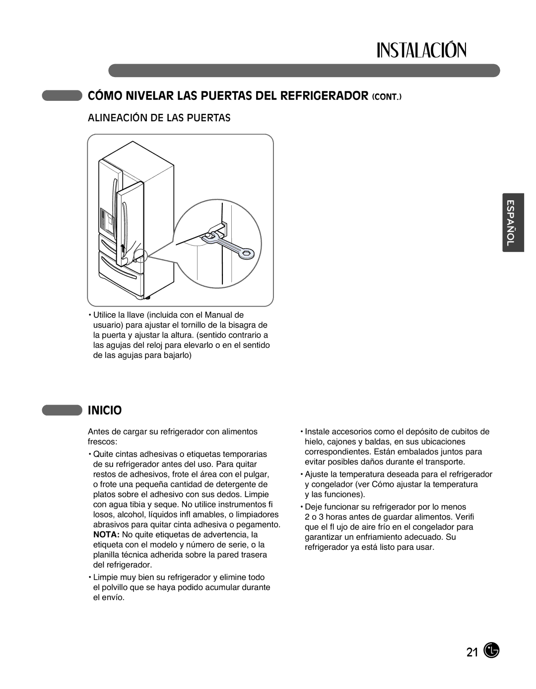 LG Electronics LMX25988ST owner manual Inicio, Alineación DE LAS Puertas 