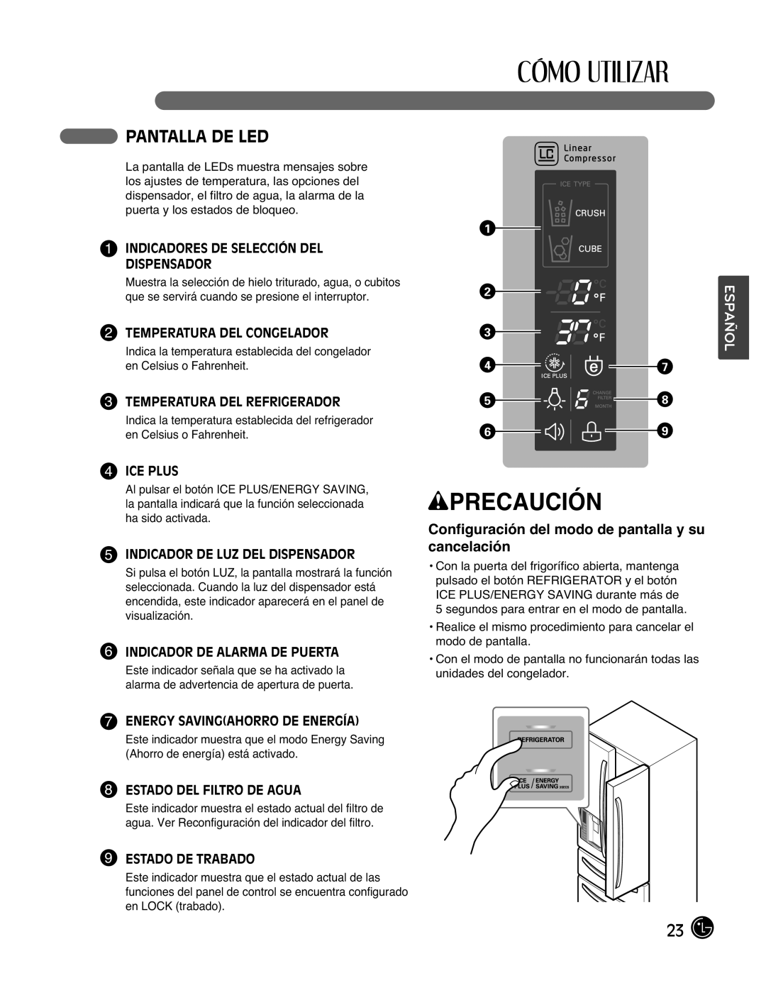 LG Electronics LMX25988ST owner manual Pantalla DE LED, Configuración del modo de pantalla y su cancelación 