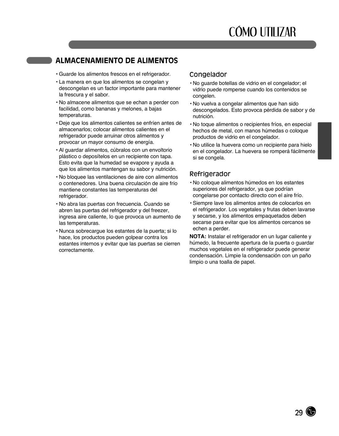 LG Electronics LMX25988ST owner manual Almacenamiento DE Alimentos, Congelador, Refrigerador 