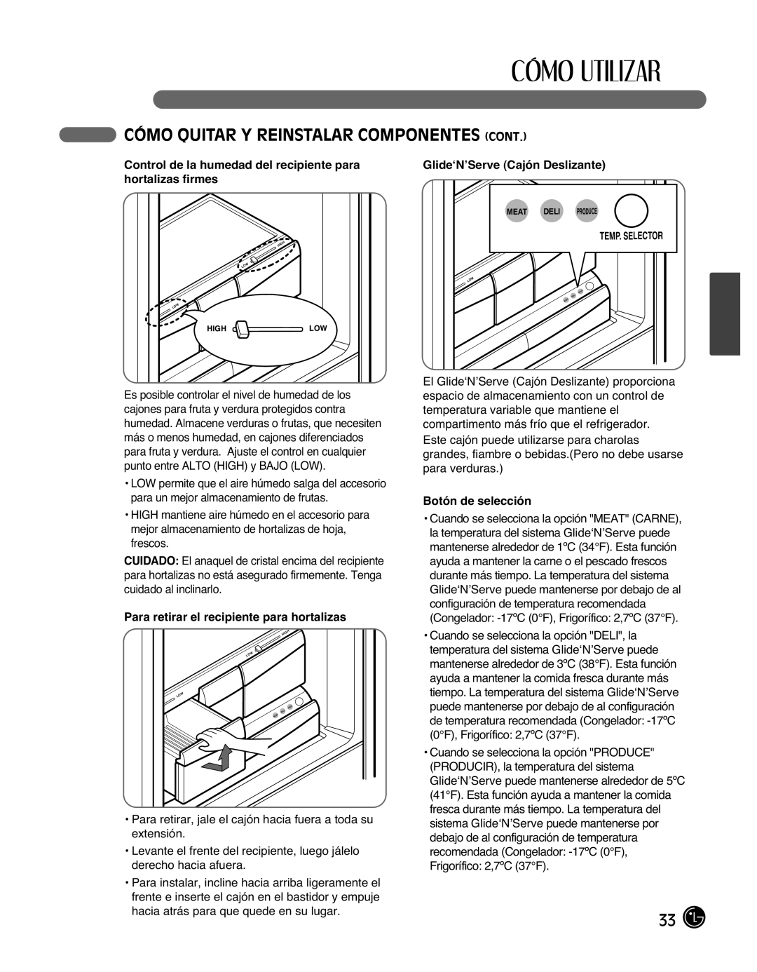 LG Electronics LMX25988ST owner manual Control de la humedad del recipiente para hortalizas firmes, Botón de selección 