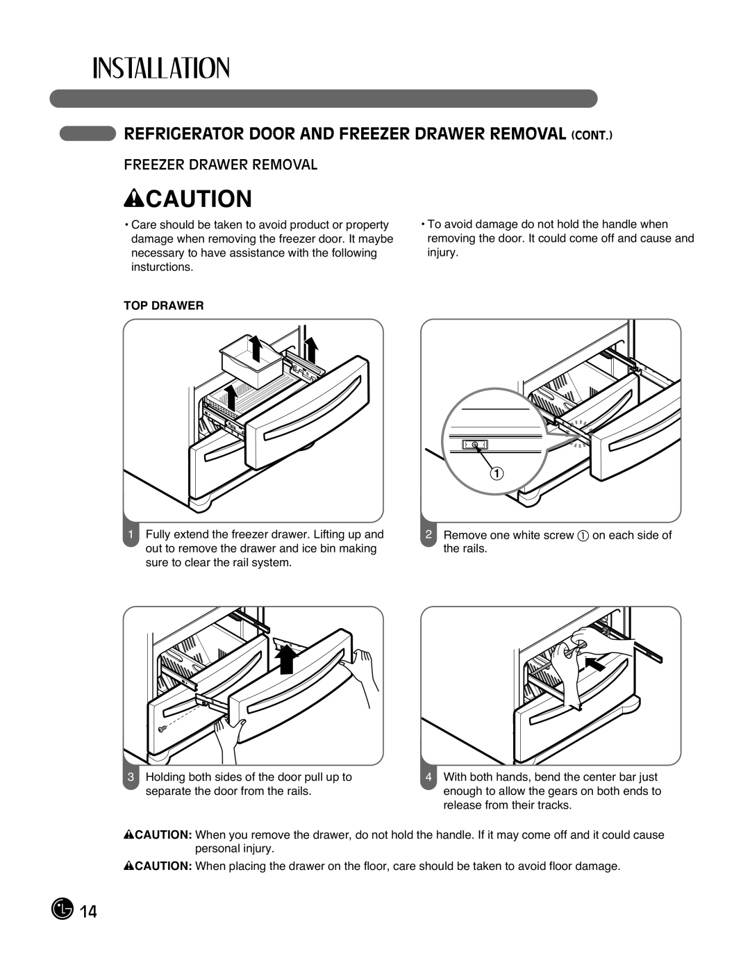 LG Electronics LMX25988ST owner manual Freezer Drawer Removal, TOP Drawer 