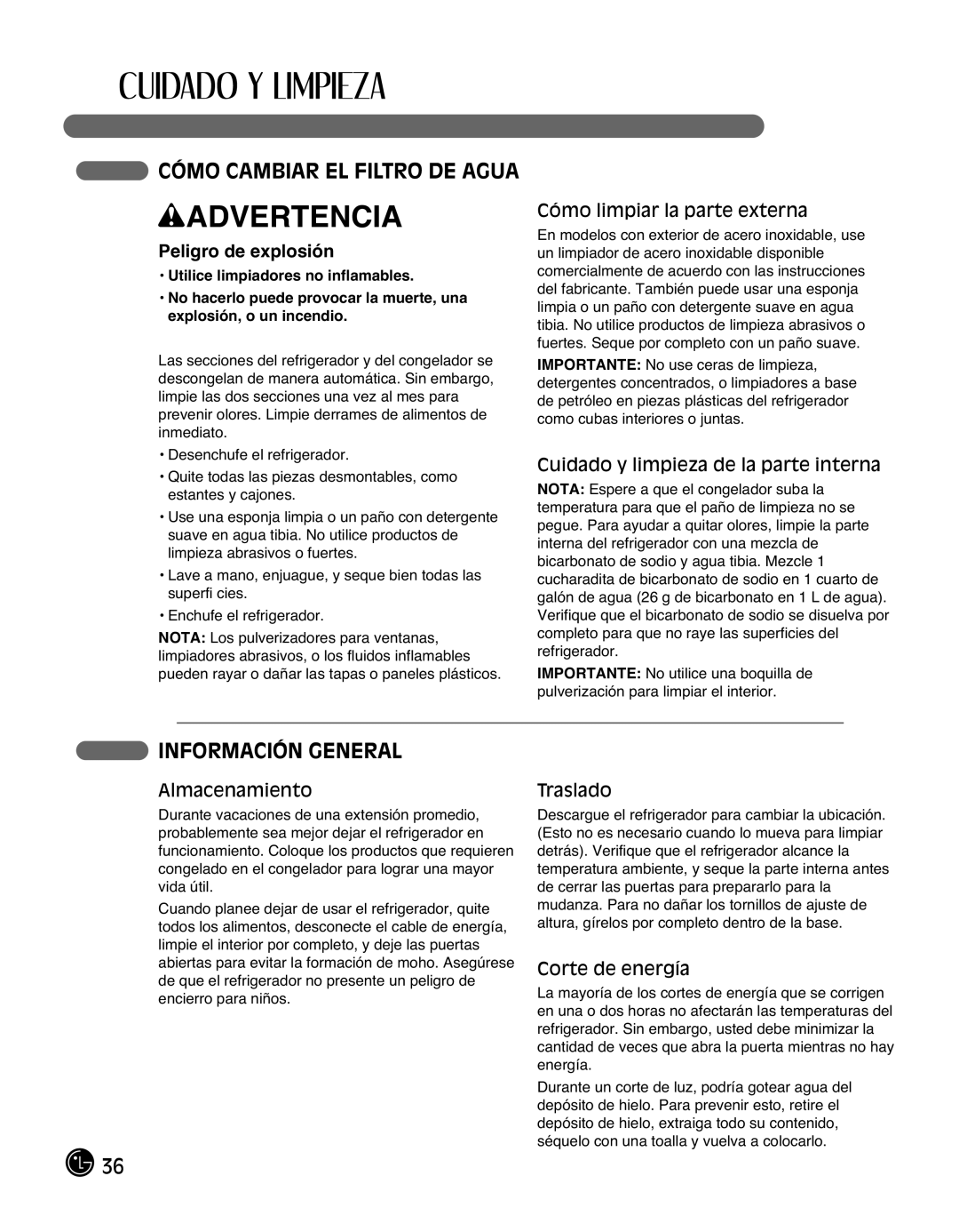 LG Electronics LMX25988ST owner manual Información General, Peligro de explosión 