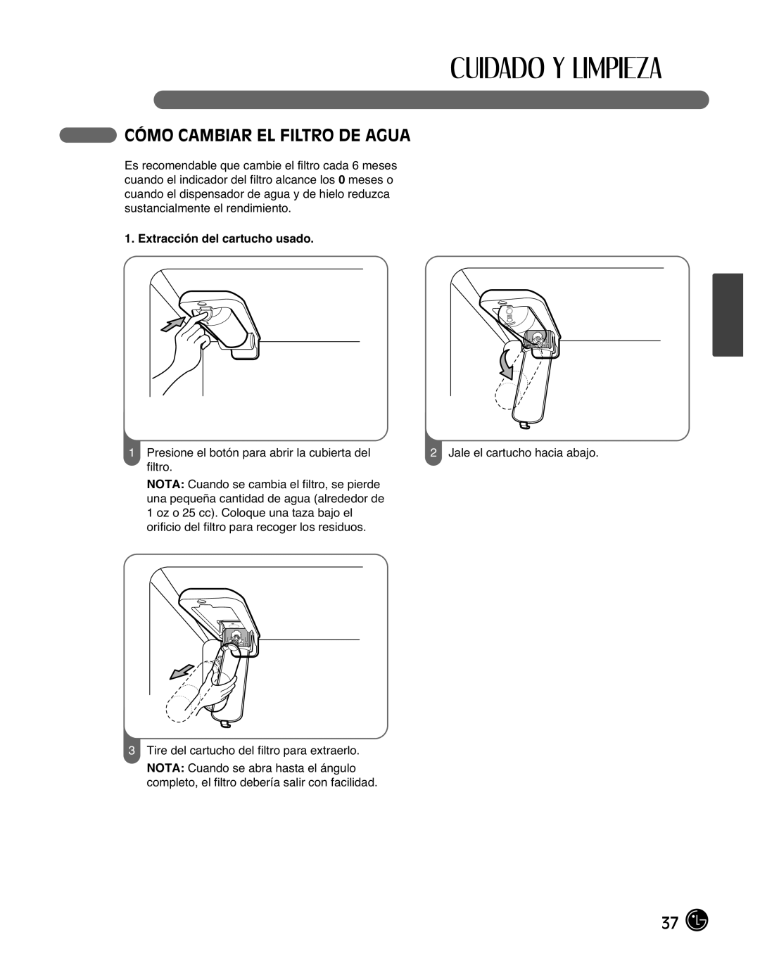 LG Electronics LMX25988ST owner manual Cómo Cambiar EL Filtro DE Agua, Extracción del cartucho usado 