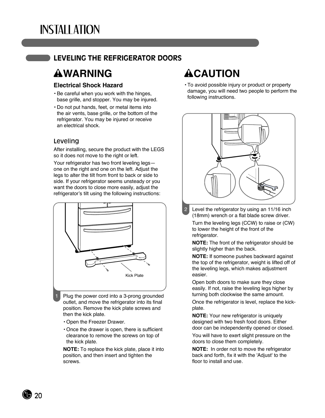 LG Electronics LMX25988ST owner manual Leveling the Refrigerator Doors 