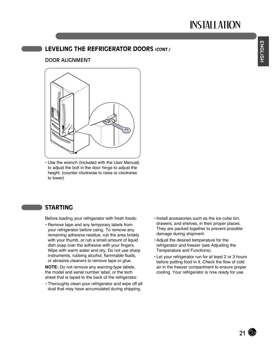 LG Electronics LMX25988ST owner manual Starting, Door Alignment 