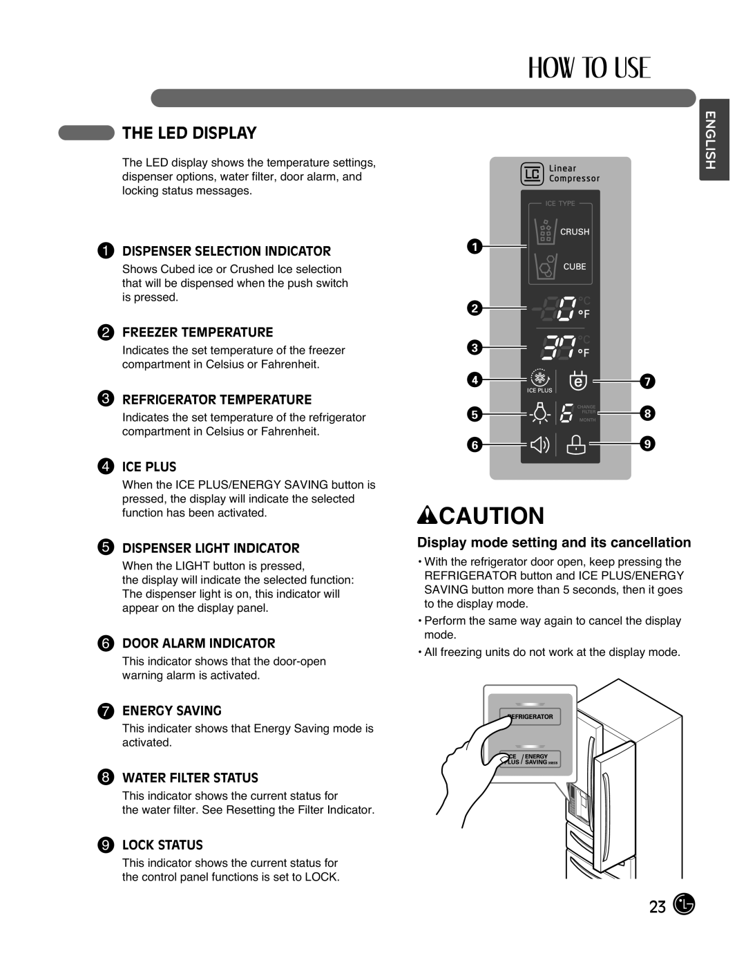 LG Electronics LMX25988ST owner manual LED Display, Display mode setting and its cancellation 