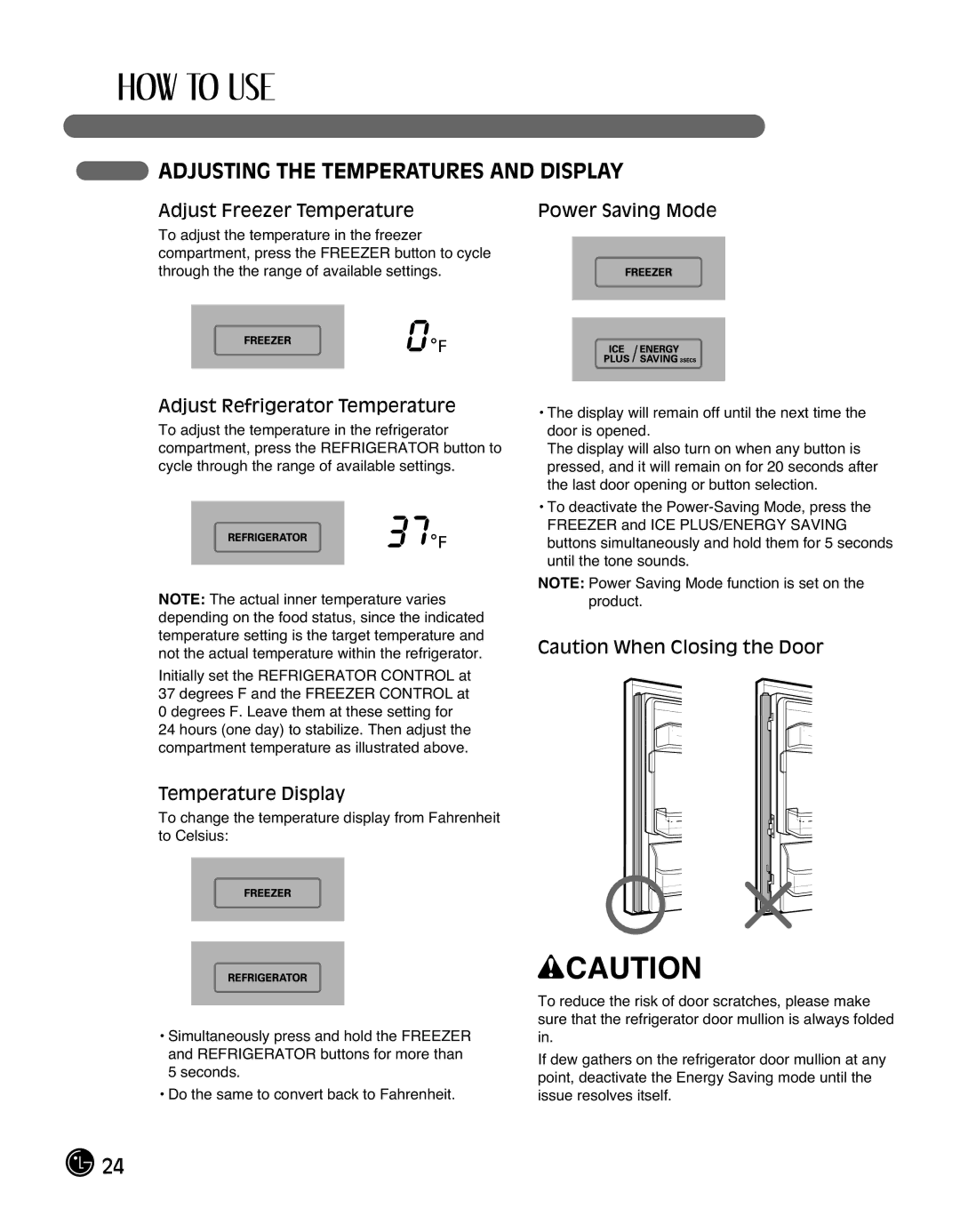 LG Electronics LMX25988ST owner manual Adjusting the Temperatures and Display, Adjust Freezer Temperature Power Saving Mode 