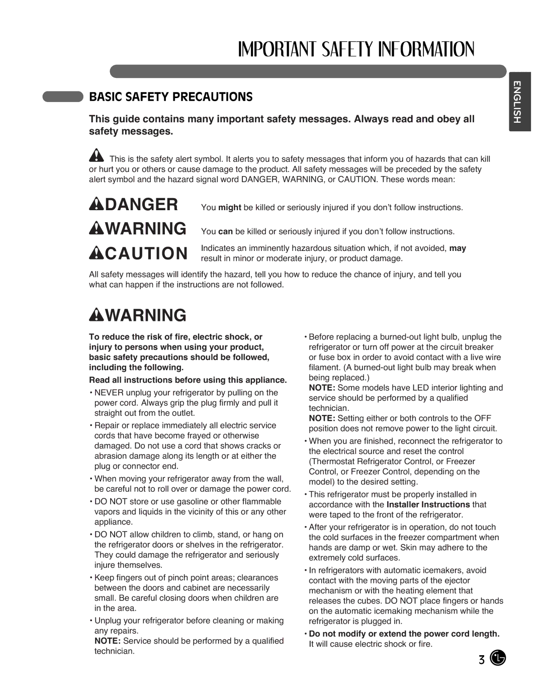 LG Electronics LMX25988ST owner manual WDANGER wWARNING WCAUTION, Basic Safety Precautions 