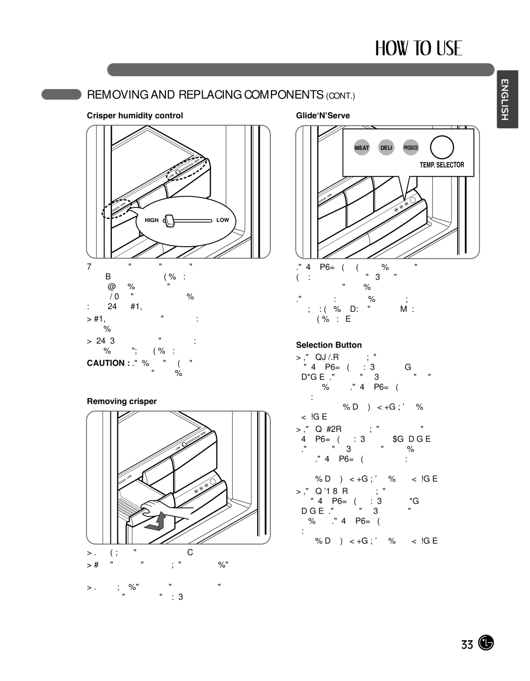 LG Electronics LMX25988ST owner manual Crisper humidity control, Removing crisper, Selection Button 